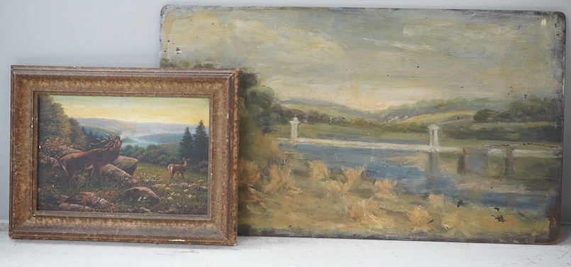 G Walt?, oil on board, ‘Shakkin Briggie’, Autumn 1944, signed and inscribed verso, together with a small oil on board, Study of deer in a landscape, largest 20 x 25cm, unframed. Condition - fair